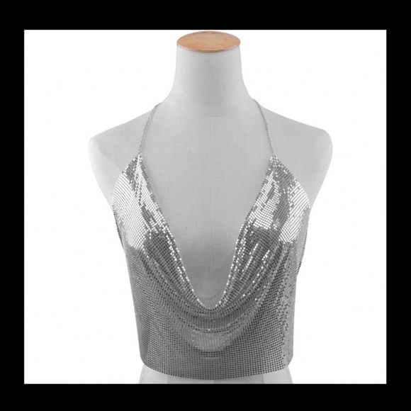 Silver Metal Rhinestone Backless Crop Top Rave NWT - Picture 8 of 9